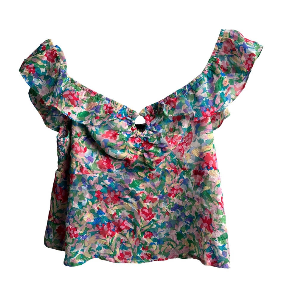 Lulus Floral Ruffle Off the Shoulder Peplum Smocked Top Multi Color L Pastel 80s